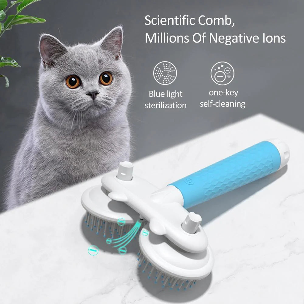 Double-headed negative ion pet brush with self-cleaning feature in pink, blue, and grey