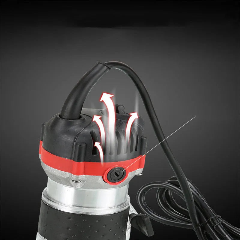 800W electric wood polishing trimmer with aluminium casing on a wooden workbench.