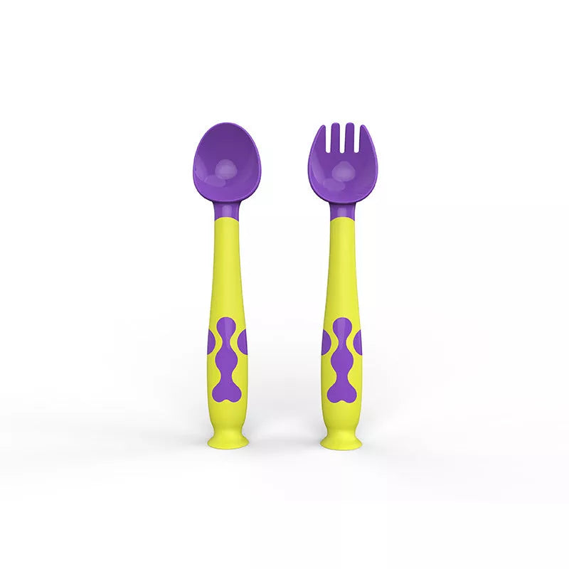 Adjustable baby spoon and fork set in blue, purple, pink, or yellow for easy self-feeding