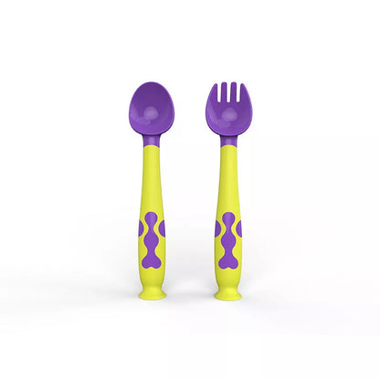 Adjustable baby spoon and fork set in blue, purple, pink, or yellow for easy self-feeding