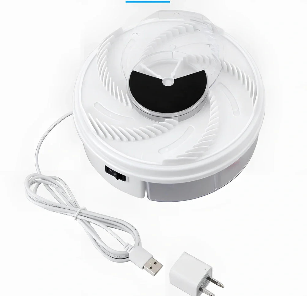 USB electric fly trap in white with blue accents, showing five bait grooves and rotating capture plate for insect control