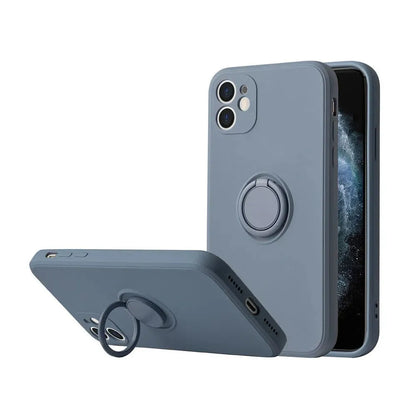 Liquid silicone case with rotating ring bracket for Apple iPhone 12 on a table, shown in green colour.