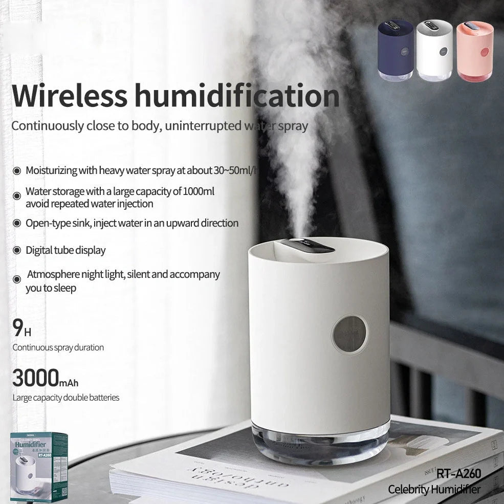 Wireless USB humidifier in blue, pink, or white colours with 1.0-2.5 litre water tank for rooms under 10 square metres