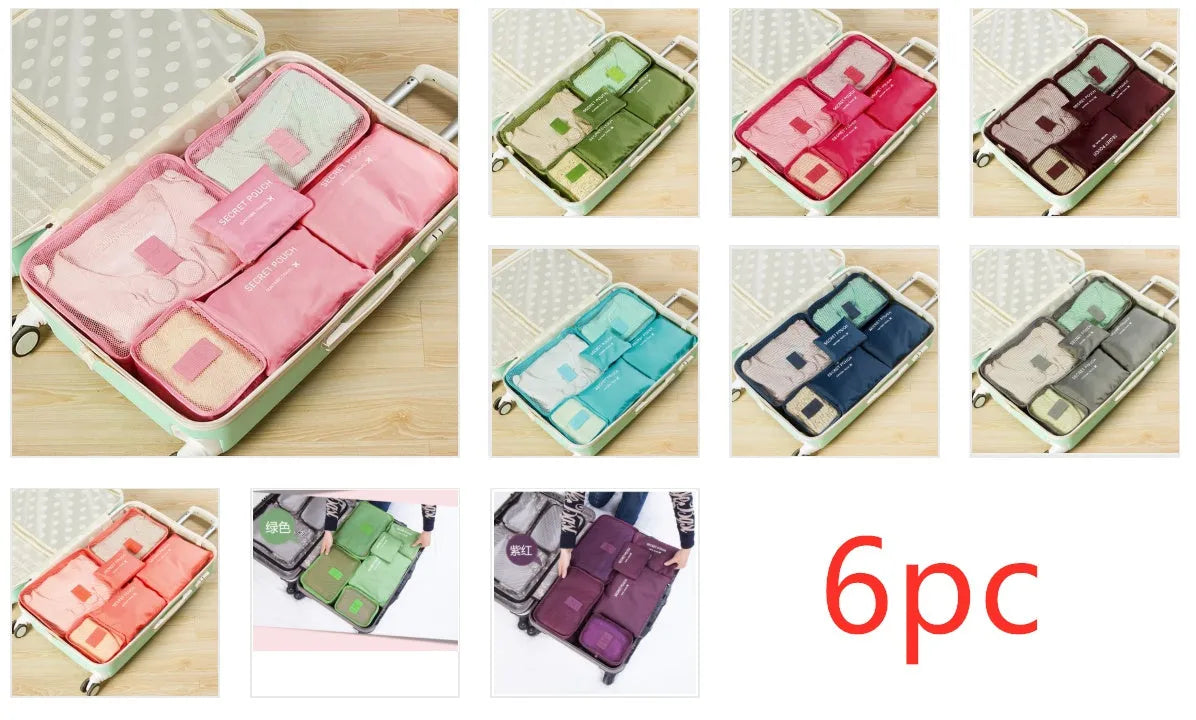 Set of six coloured nylon packing cubes and flat pouches for travel organisation.