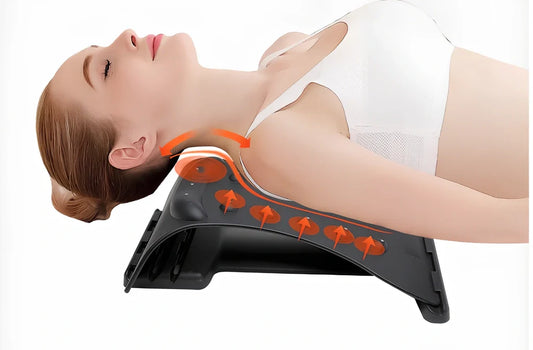 Black cervical traction device with adjustable height settings for neck support