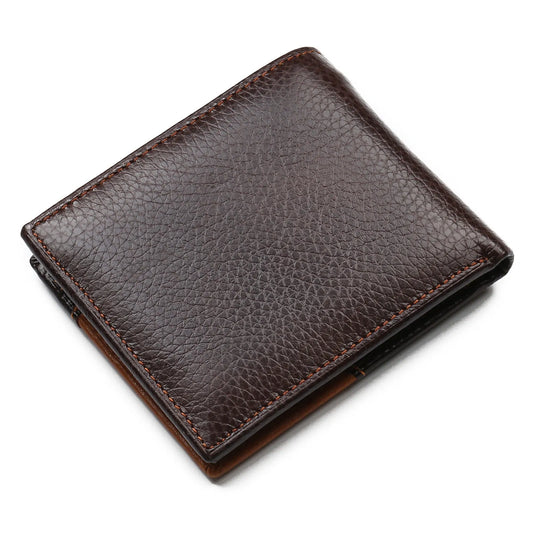 Leather wallet with personality stitching showing 3-fold design, internal compartments, and cowhide leather texture