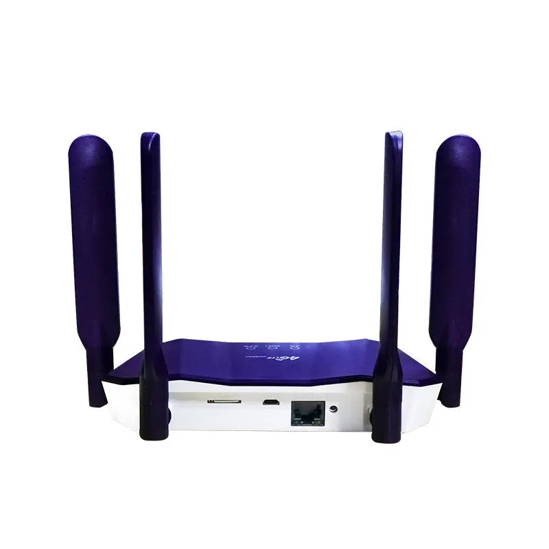 Blue 4G and wired dual-mode router with four antennas, measuring 153x137x21mm, on a desk with Ethernet cable