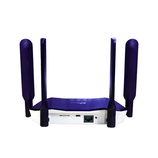 Blue 4G and wired dual-mode router with four antennas, measuring 153x137x21mm, on a desk with Ethernet cable