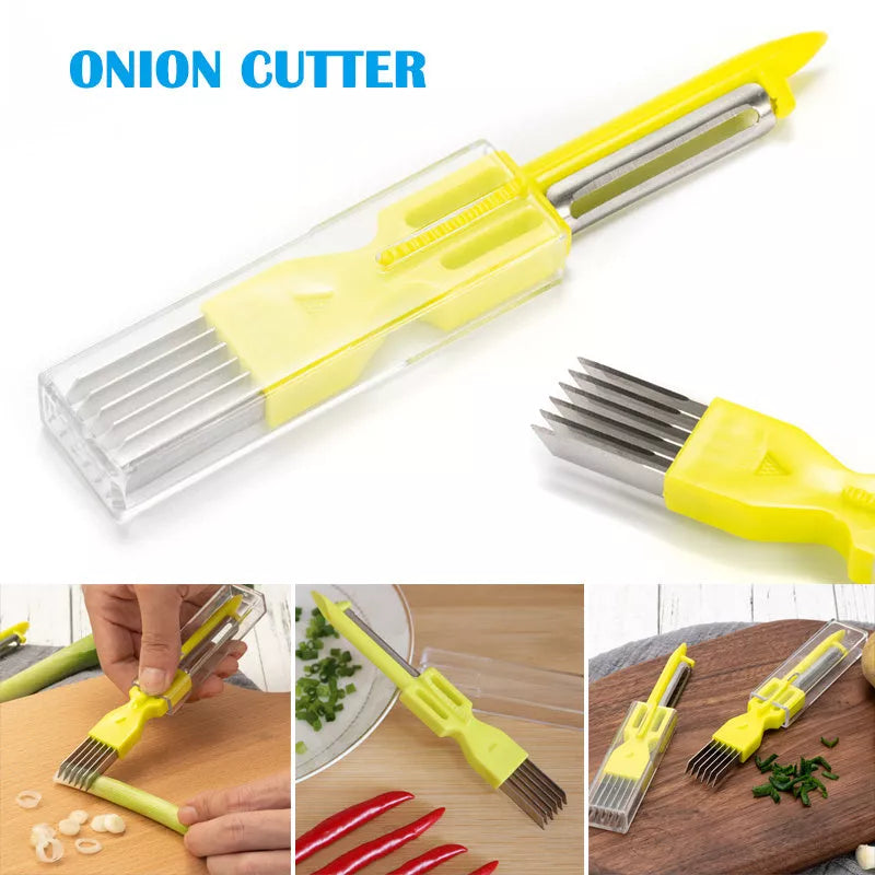 Stainless steel and plastic multi-function fruit and vegetable peeler in yellow