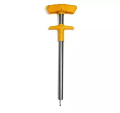 Portable T-shaped hook extractor for safe fishing in black, yellow, blue, and orange