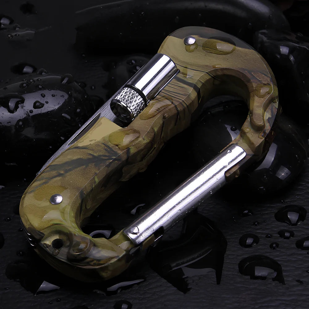 Camouflage multifunctional carabiner with stainless steel tools and LED light, weighing 79g