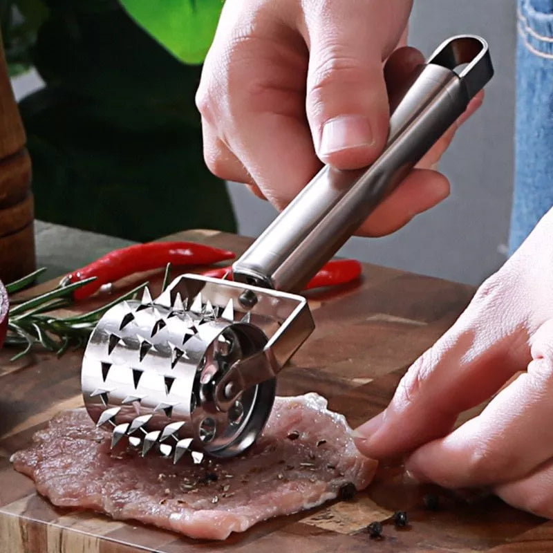 Stainless steel meat hammer with puncture wheel for tenderizing meat