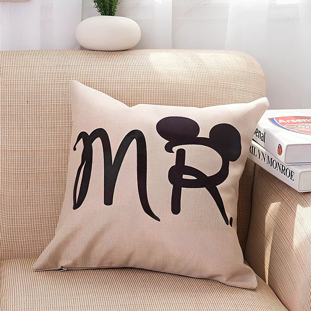 45x45cm linen pillowcase with cartoon design in MR and MRS colour options