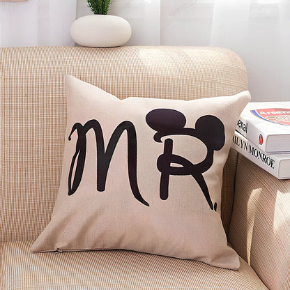 45x45cm linen pillowcase with cartoon design in MR and MRS colour options