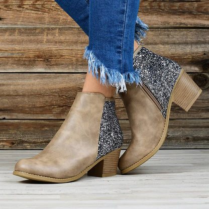 Women's thick heel sequin booties with side zip and square toe in black, khaki, and green