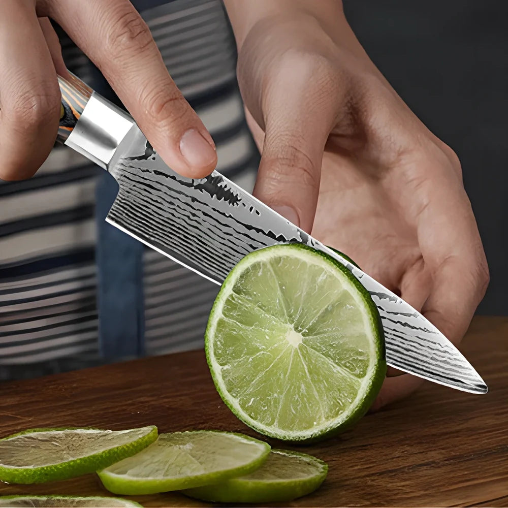 Six stainless steel kitchen knives with laser Damascus patterns on blades and wooden handles arranged with protective covers