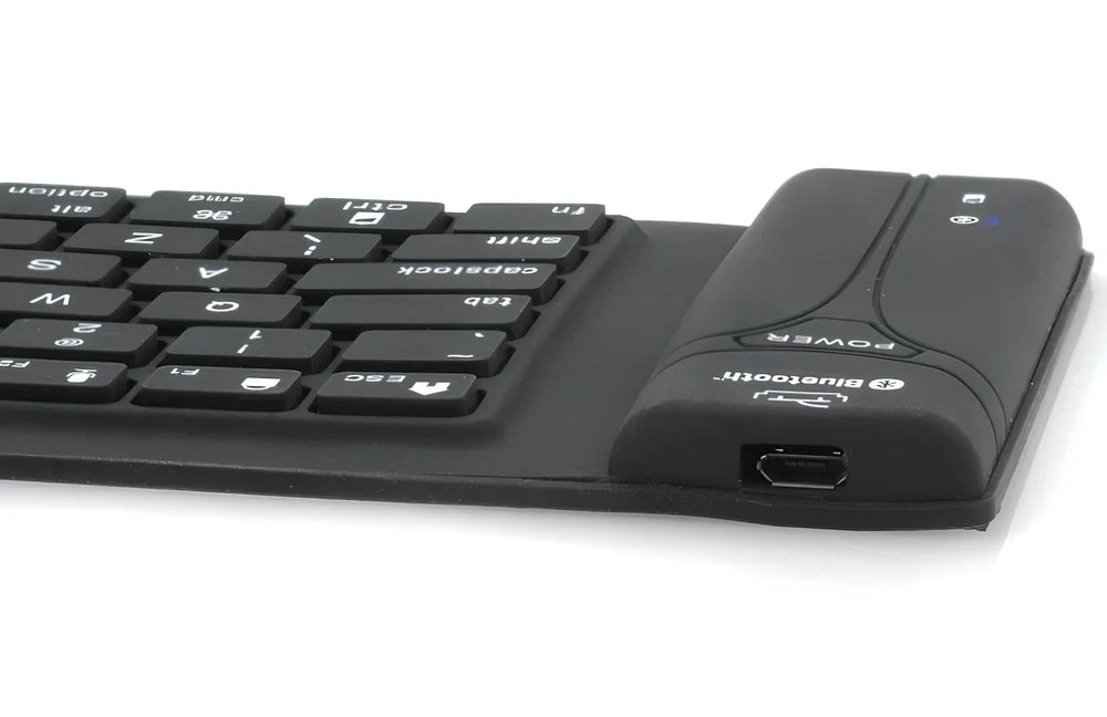 Black foldable silicone Bluetooth keyboard showing compact 105mm folded width and full 108-key layout