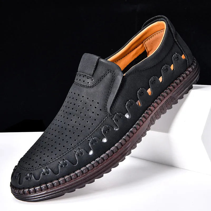 Men's brown slip-on casual shoes with round toe and flat sole shown on a white background