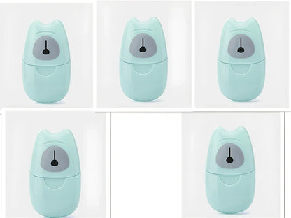 Pack of 50 pink biodegradable soap paper sheets, each 8x4.5cm, for portable hand cleaning on travels