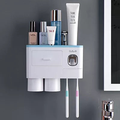 Non-marking hanging magnetic toothbrush holder with toothpaste squeezer in blue and grey