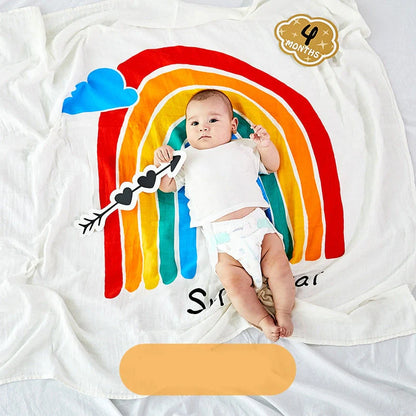 Cotton baby swaddle measuring 120x120cm with cartoon pattern in Rainbow colour option