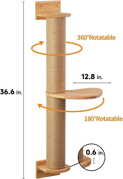 Wooden cat climbing frame with wall-mounted jumping platform and flax grab post in natural wood colour
