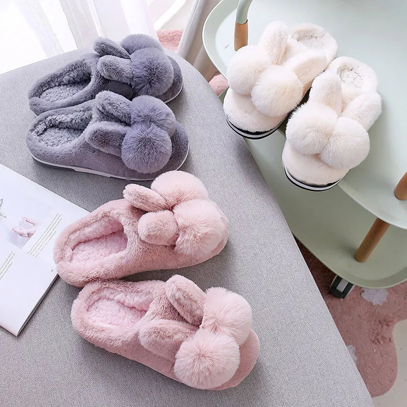 Bunny Fluffy Slippers with rabbit fur uppers and high-top design for winter warmth, available in coffee, creamy white, grey, leather red, and pink colours with UK sizes 36-45.