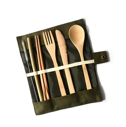 Bamboo travel cutlery set with 7 Japanese-style utensils in carrying pouch for sustainable dining