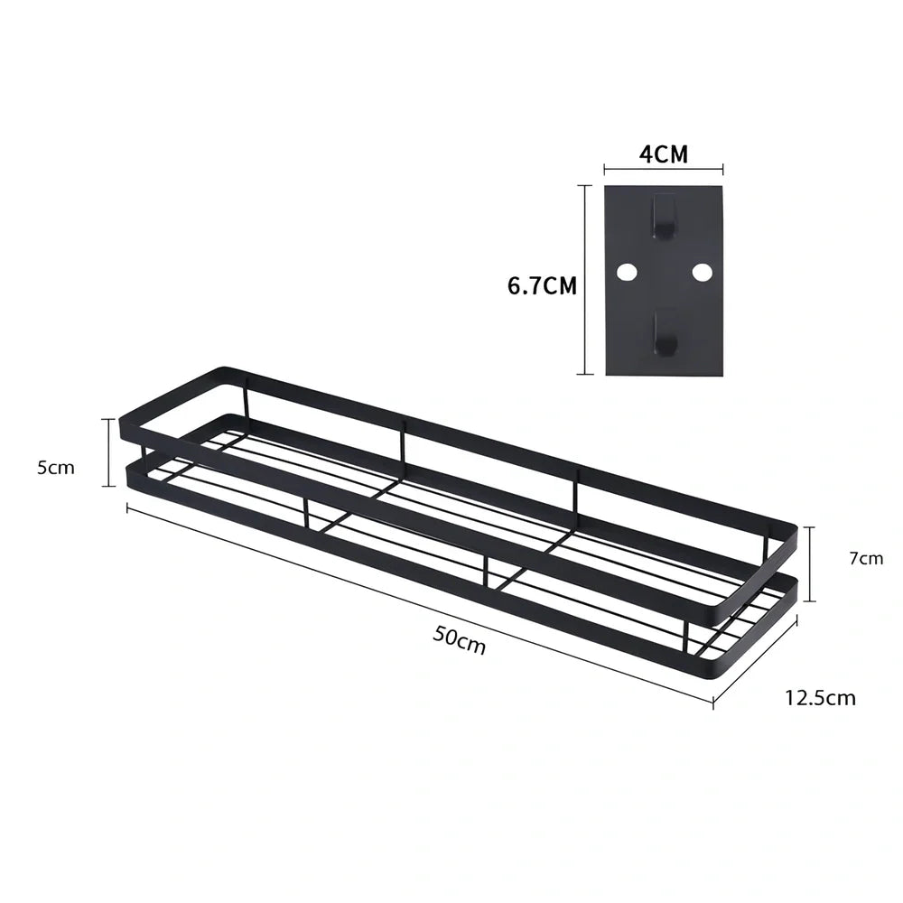 Metal kitchen wall storage shelf holding spice containers and pepper seasoning sprayers in six size options from 20cm to 50cm