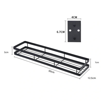 Metal kitchen wall storage shelf holding spice containers and pepper seasoning sprayers in six size options from 20cm to 50cm
