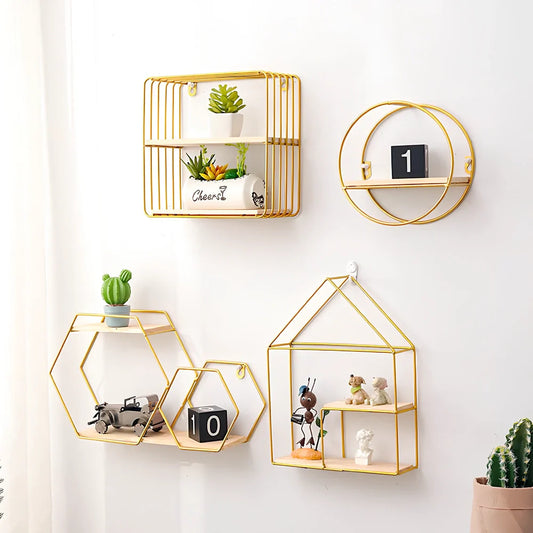 European style wall shelf with solid wood panel and iron brackets in gold finish