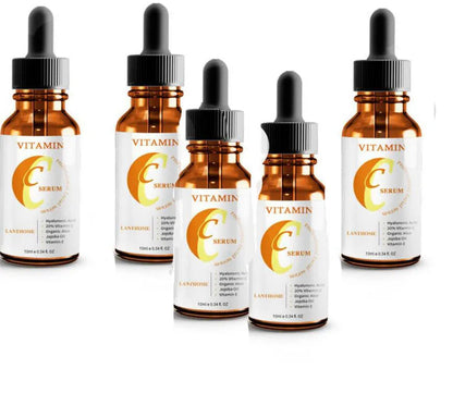 10ml bottle of Vitamin C Hyaluronic Acid facial serum for anti-aging and brightening.