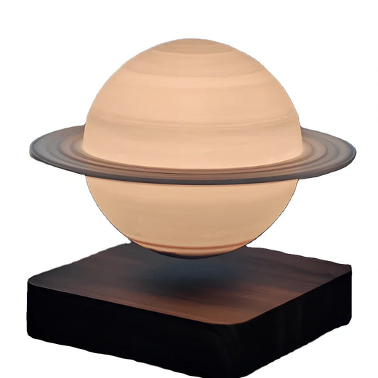 Magnetic levitation moon lamp with spherical design floating above base, showing three light colour modes