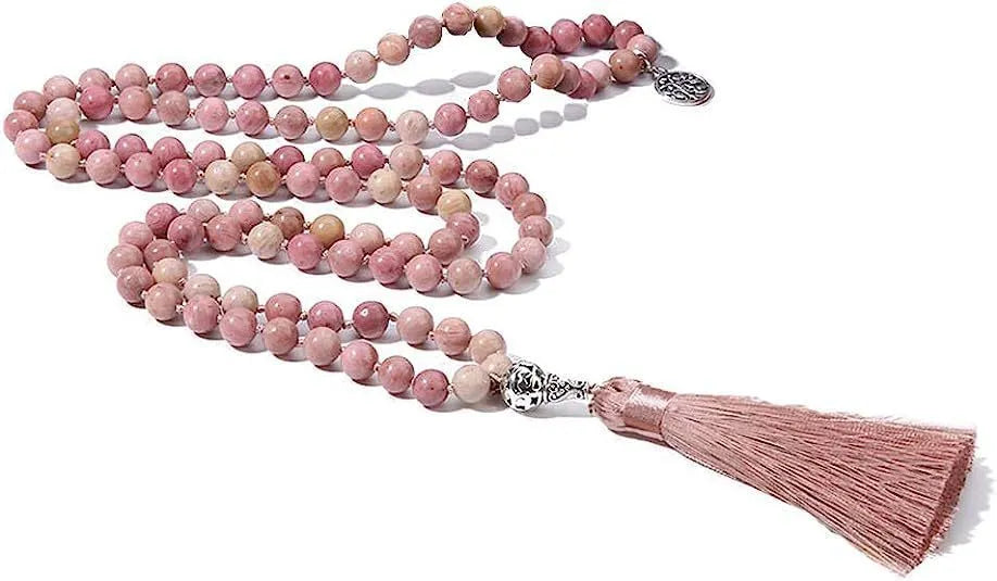 Handmade knotted beaded necklace with 108 natural stone beads in various colours.