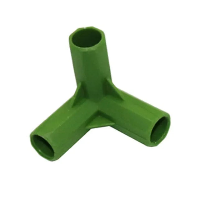 Two white PP plastic 3-way and 4-way plant support connector joints for 11mm garden stakes.
