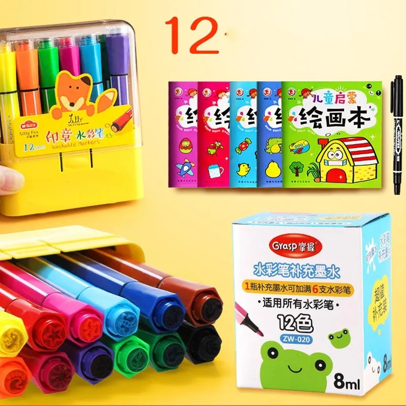 Set of washable painting brushes with hexagonal blue, pink, and yellow handles.