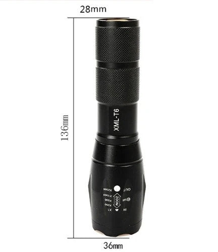 Zoomable LED flashlight for outdoor adventures, adjustable focus, durable aluminum alloy construction.
