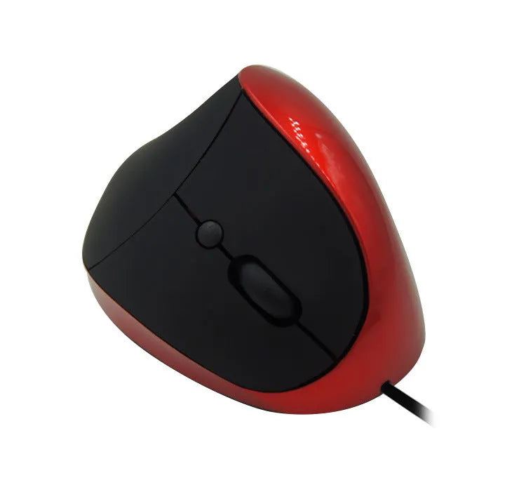 Ergonomic vertical wired computer mouse in black colour showing side profile