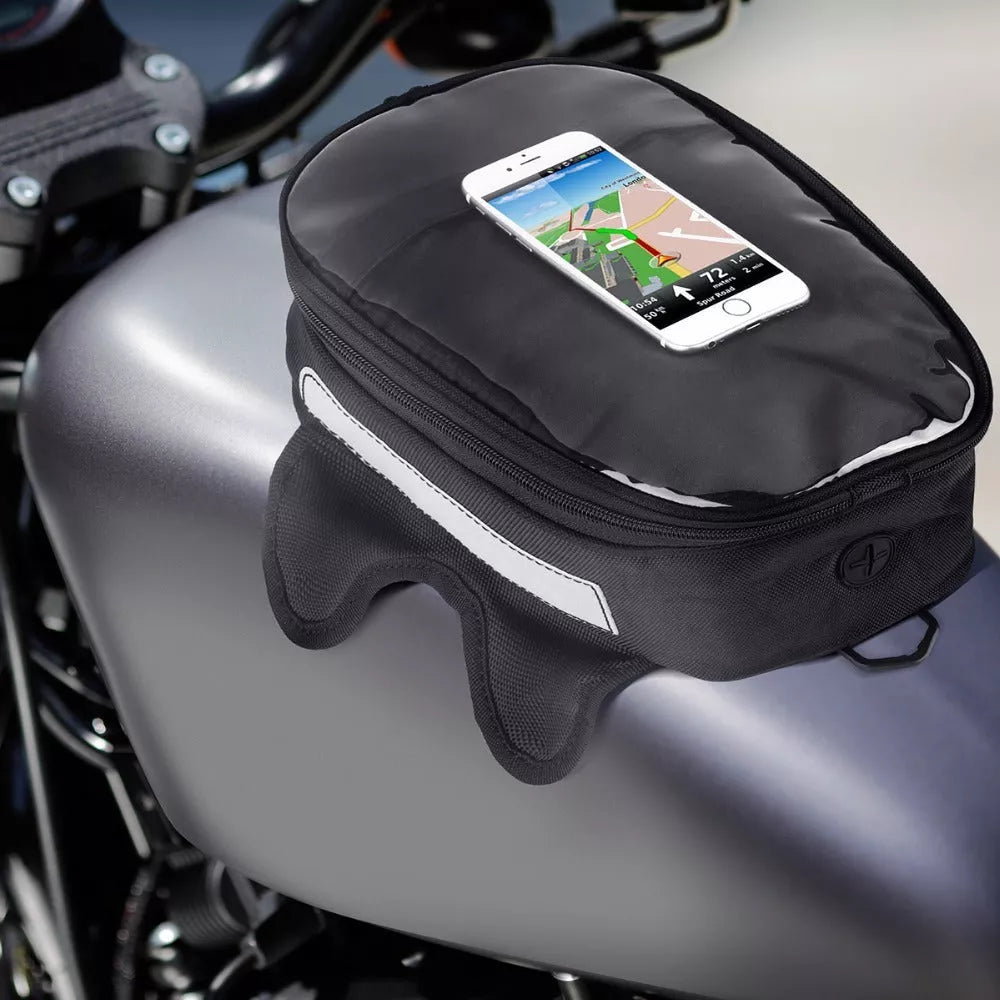 Black waterproof magnetic motorcycle fuel tank bag with reflective safety features