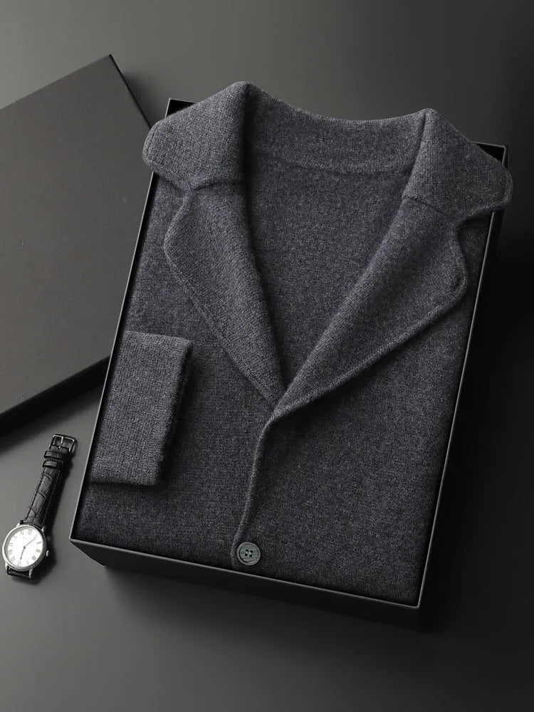 Men's cashmere blend lapel cardigan sweater in light grey showing loose fit and thickened knit construction