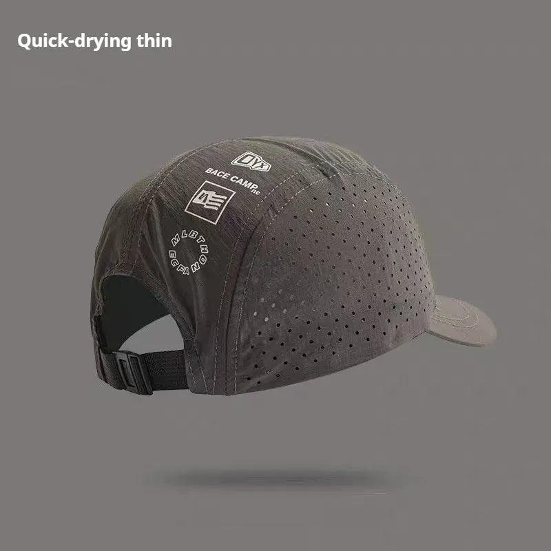 Men's adjustable baseball cap in breathable mesh fabric, shown in black, grey, green, khaki, or purple.
