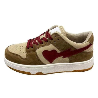 Women's brown artificial PU bread sneakers with mid muffin heel, round toe, low top and front lace-up, sizes 35-40.