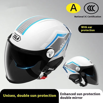 Men's and women's battery motorcycle half helmet with double mirror visor in light brown colour, 3C-certified ABS construction