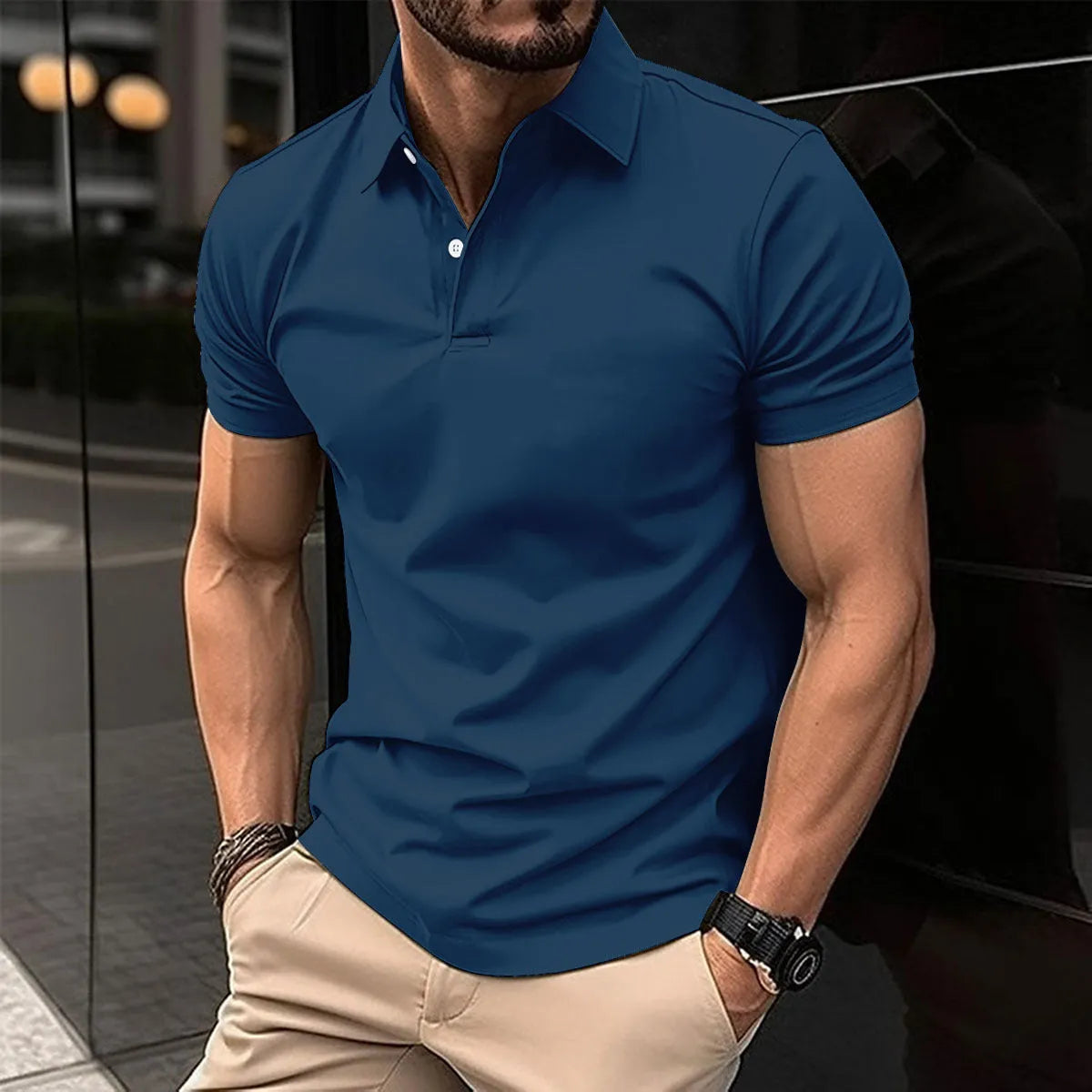 Men's solid colour short sleeve polo shirt with button collar in cotton mix fabric