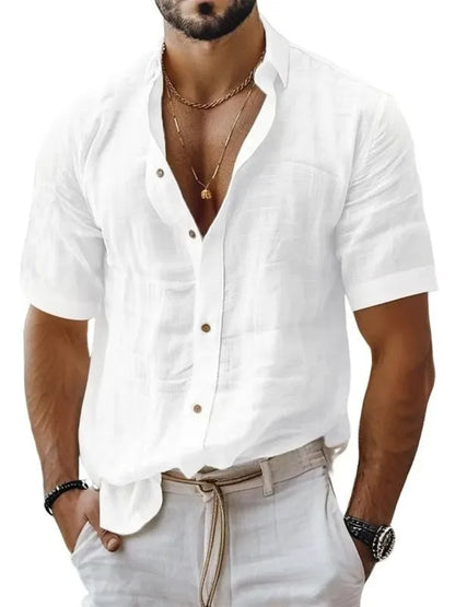 Men's short sleeve lapel shirt in cotton linen blend available in multiple solid colours