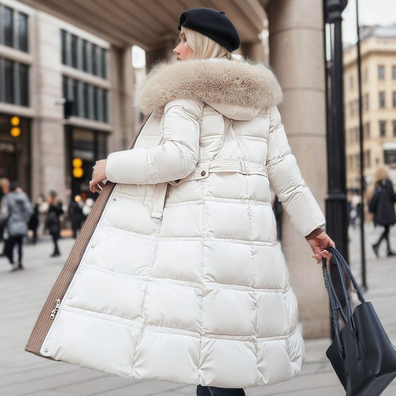 Hhomeenjoy Women's Long Slim-Fit Winter Jacket - Stylish Puffer Coat with Faux Fur Hood & Adjustable Belt
