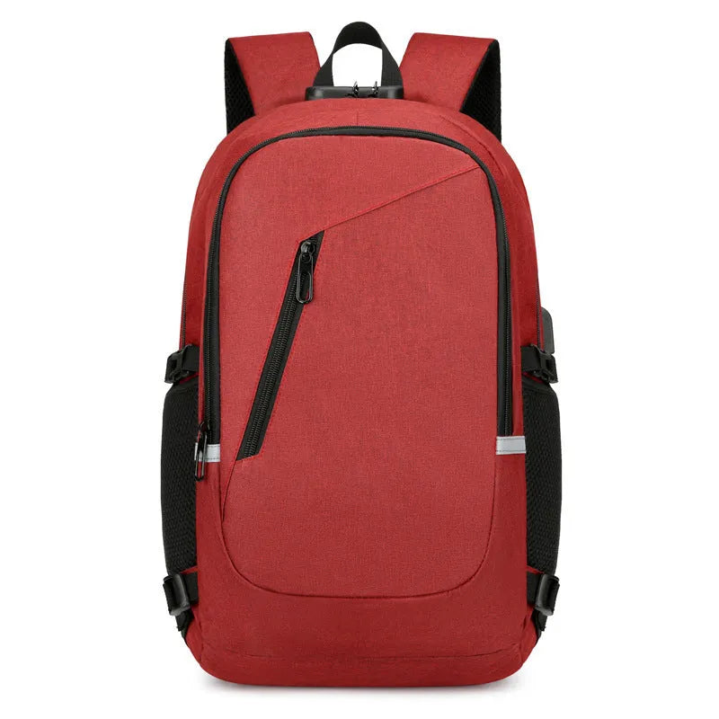 Men's grey computer backpack with 20-35L capacity showing Oxford cloth construction and organisational compartments