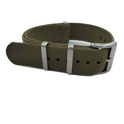 Integrated nylon watch strap in Army Green colour showing textile construction and attachment to watch lugs