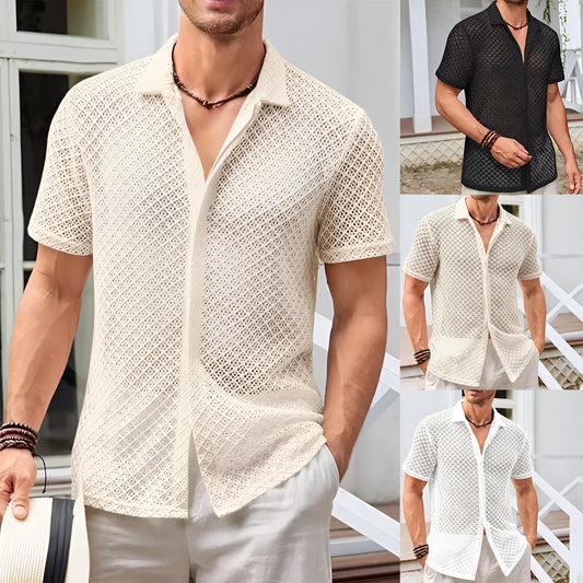 Men's short sleeve lapel shirt in cotton blend fabric shown in black, white and beige colour options