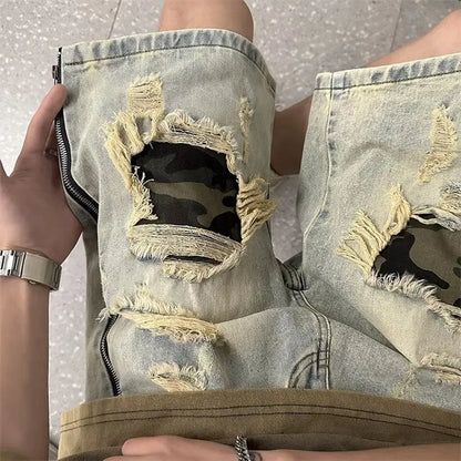 Men's ripped camouflage denim shorts in yellow mud colours with straight leg Korean style design
